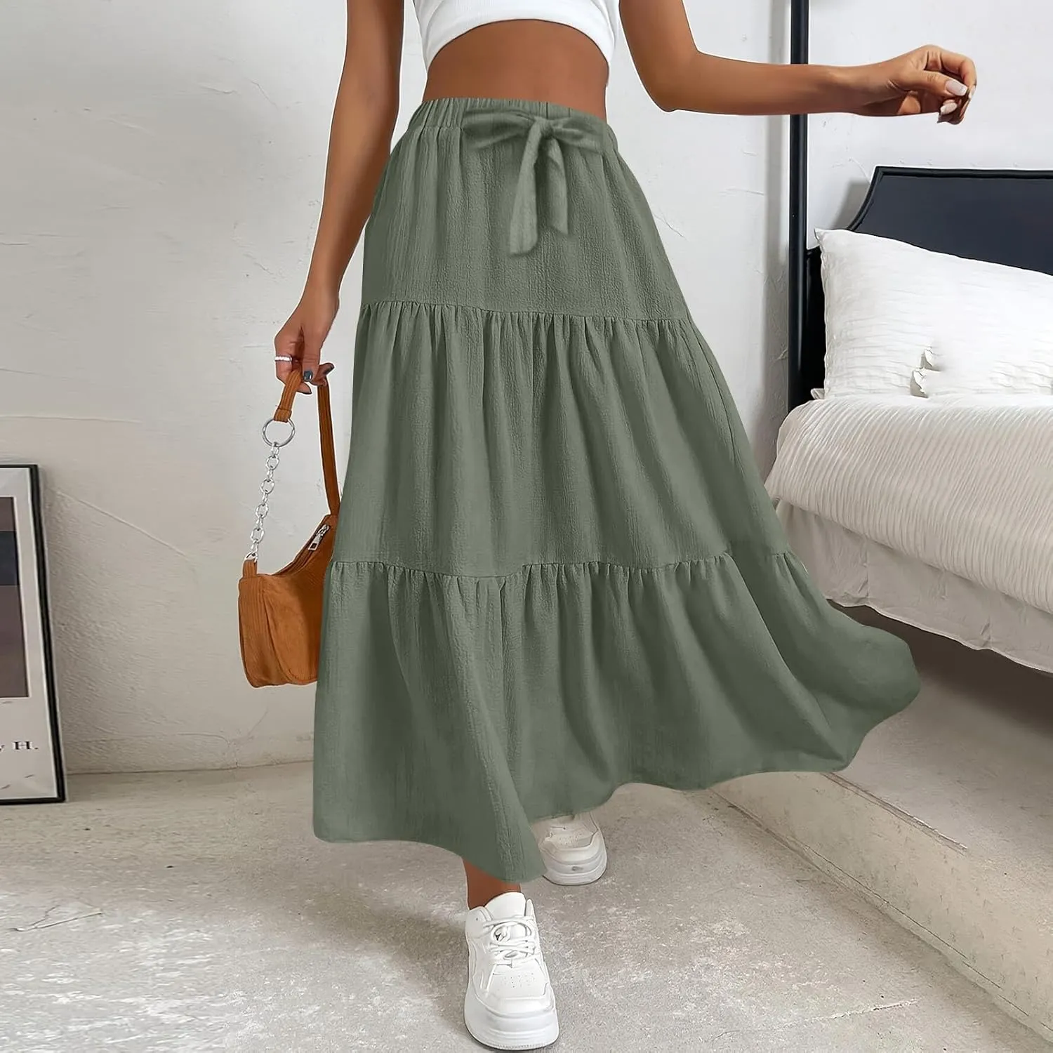 Womens Summer Flowy Swing Midi Skirts Boho High Elastic Waist Fake Drawstring Floral Print A line Casual Cute Skirt