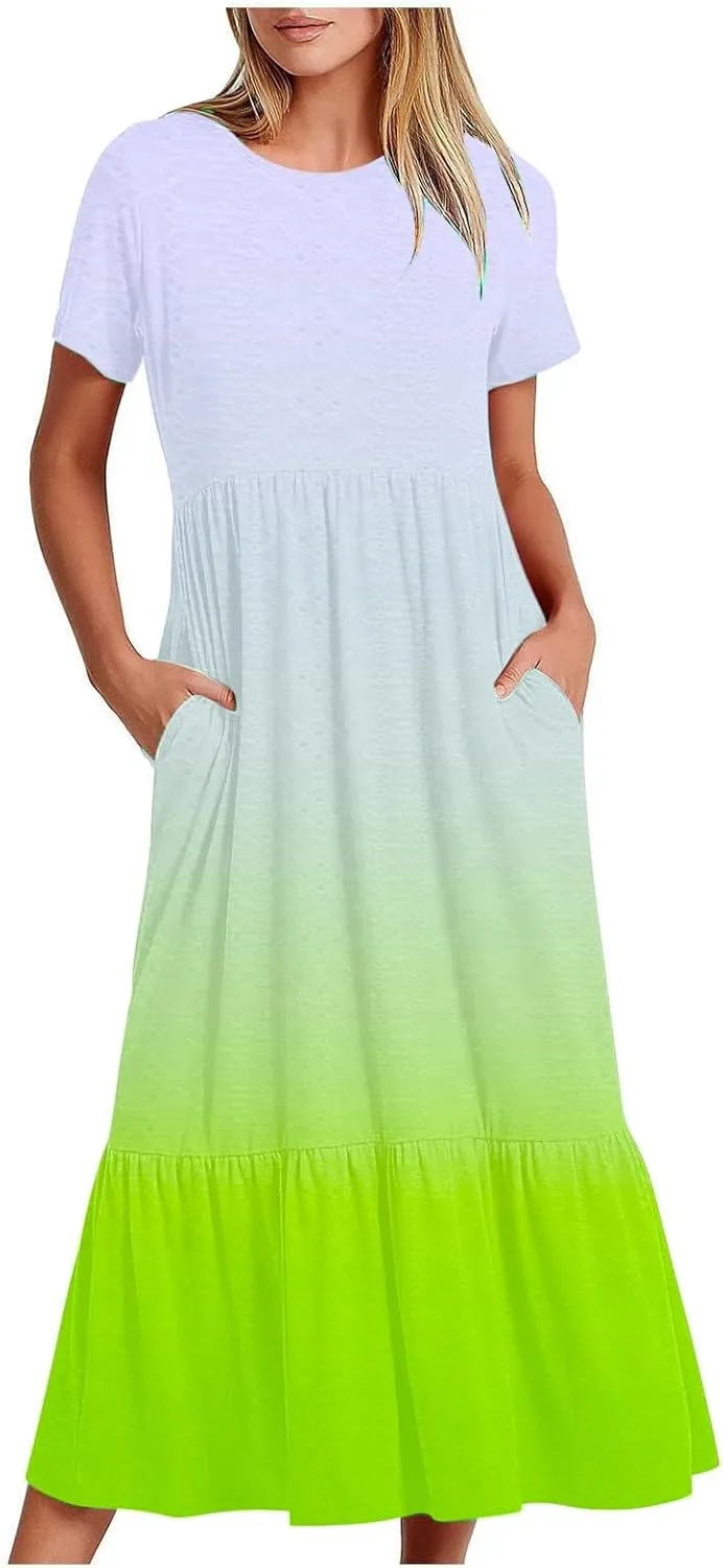Women's Summer Round Neck A-Line Tie-dye Maxi Dresses Casual Floral T-Shirt Dresses Flowy Beach Sundress with Pockets