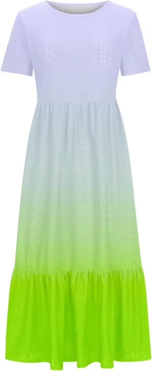 Women's Summer Round Neck A-Line Tie-dye Maxi Dresses Casual Floral T-Shirt Dresses Flowy Beach Sundress with Pockets