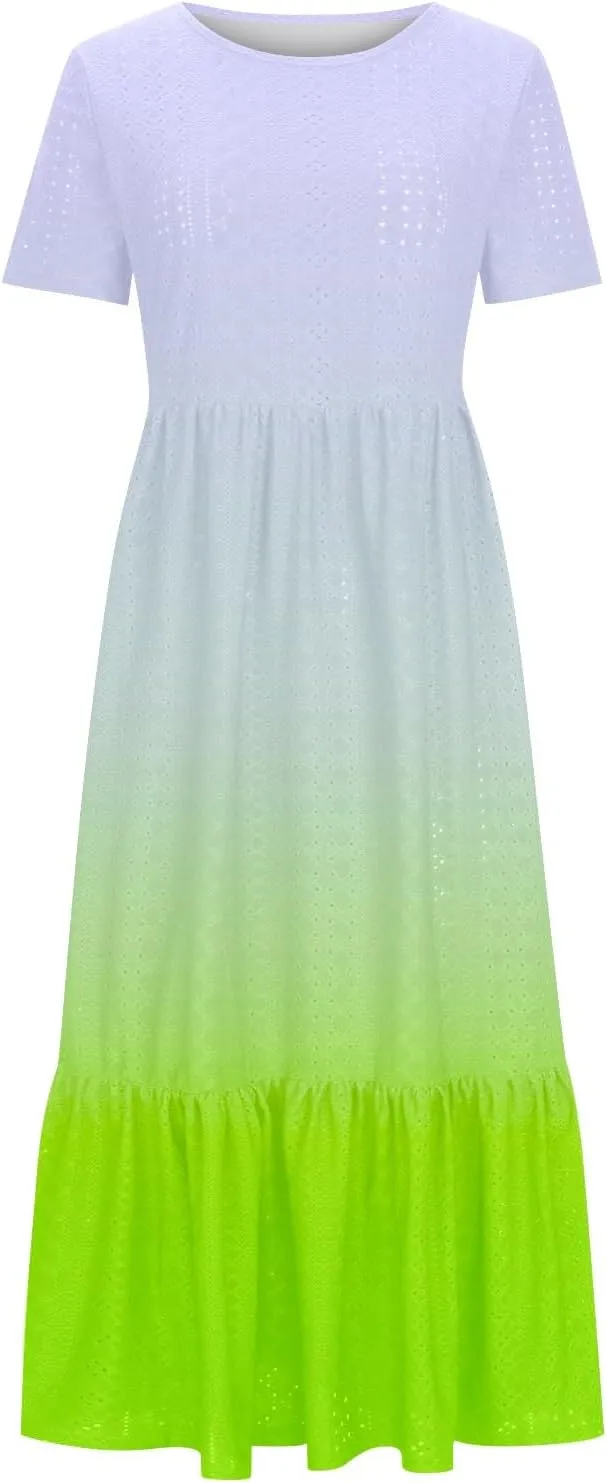 Women's Summer Round Neck A-Line Tie-dye Maxi Dresses Casual Floral T-Shirt Dresses Flowy Beach Sundress with Pockets