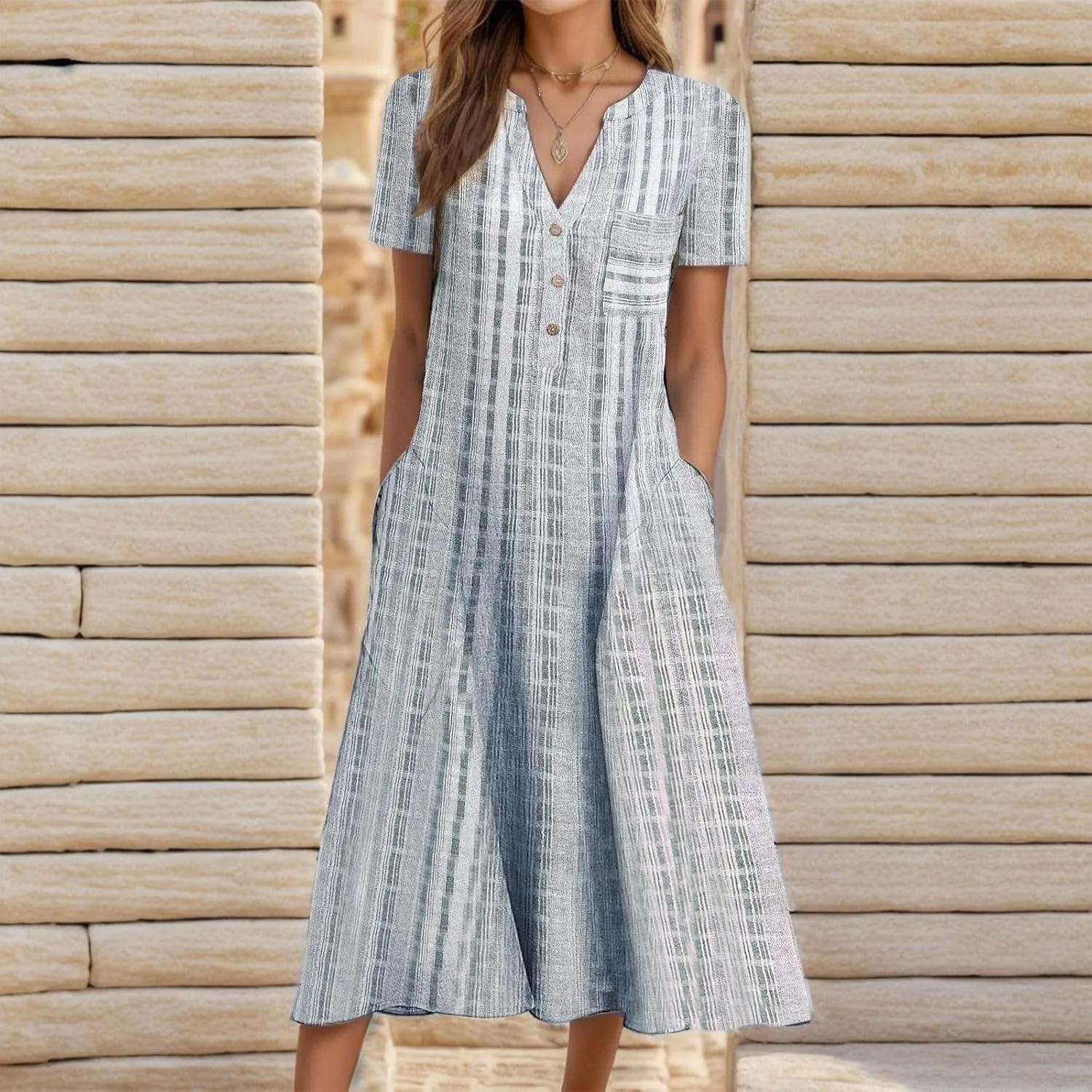 Women's Summer Short Sleeve A-Line Midi Dresses Casual Floral V Neck Button T-Shirt Dress Flowy Beach Sundress for Women