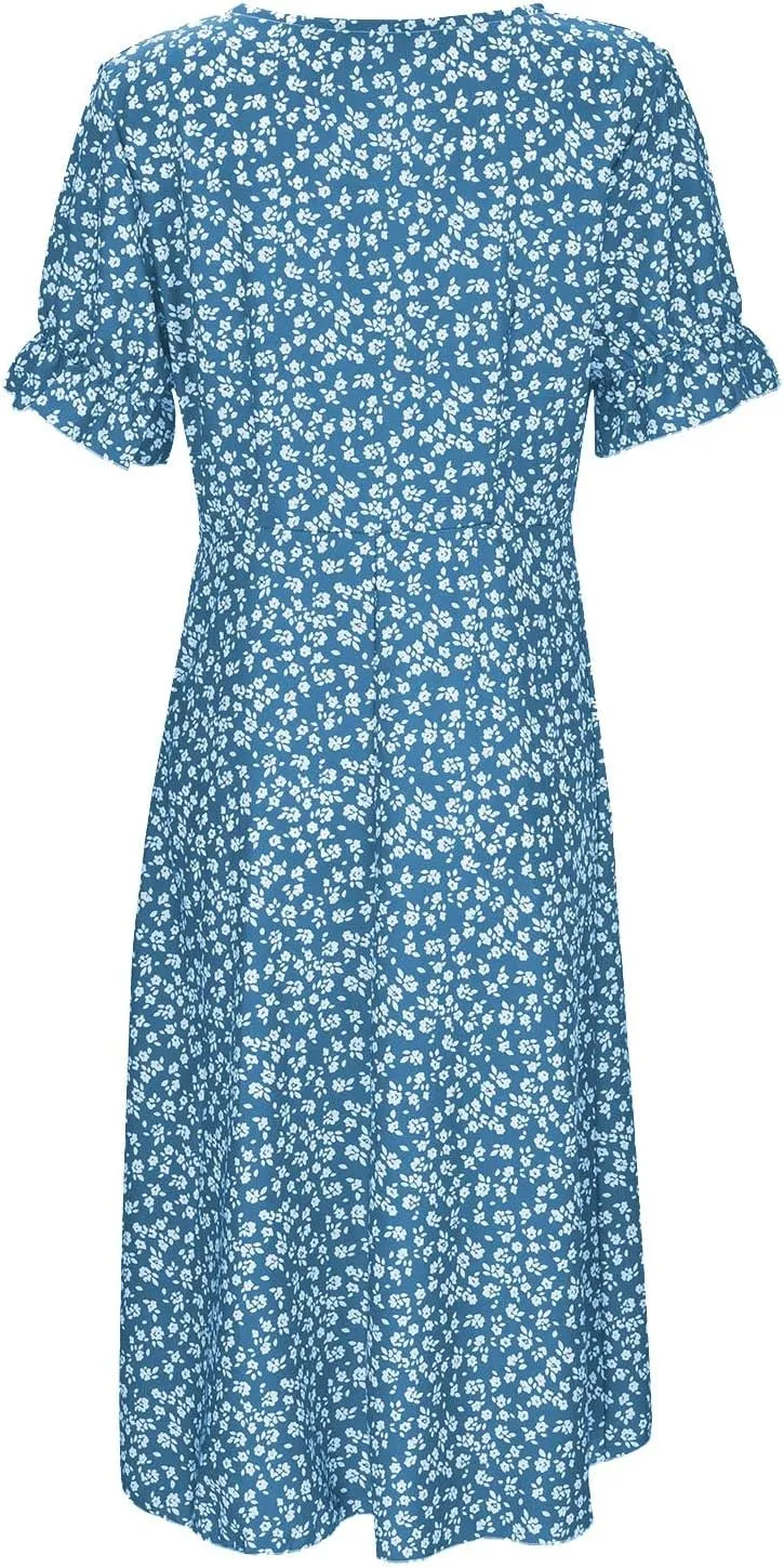 Women's Summer Short Sleeve A-Line Midi Dresses Casual Floral V Neck Button T-Shirt Dress Flowy Beach Sundress for Women