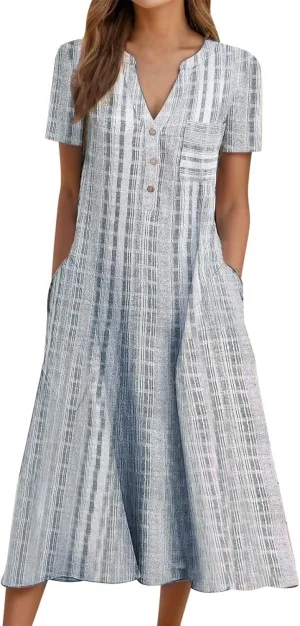 Women's Summer Short Sleeve A-Line Midi Dresses Casual Floral V Neck Button T-Shirt Dress Flowy Beach Sundress for Women