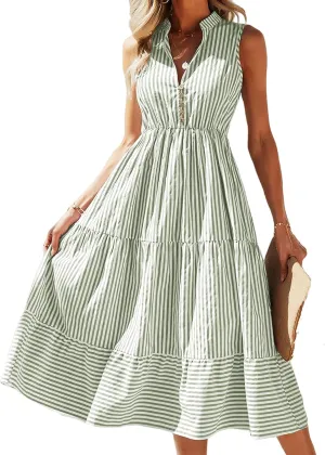 Womens Summer Sleeveless Shirt Dress Striped Print Notched Neck Dresses Casual Loose Fit Midi Dresses Beach Dress