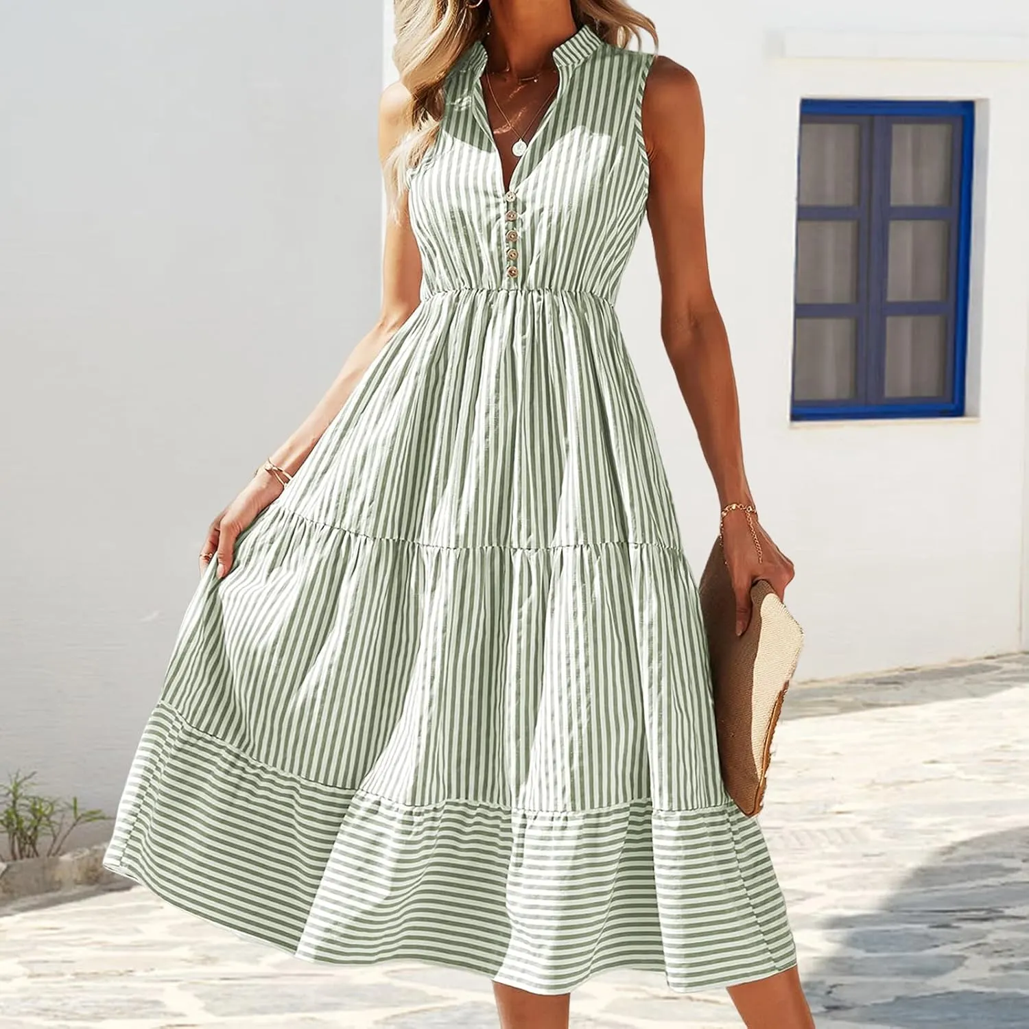 Womens Summer Sleeveless Shirt Dress Striped Print Notched Neck Dresses Casual Loose Fit Midi Dresses Beach Dress