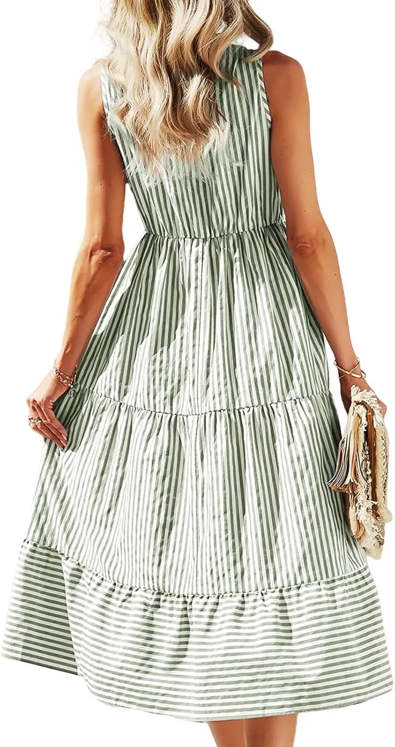 Womens Summer Sleeveless Shirt Dress Striped Print Notched Neck Dresses Casual Loose Fit Midi Dresses Beach Dress