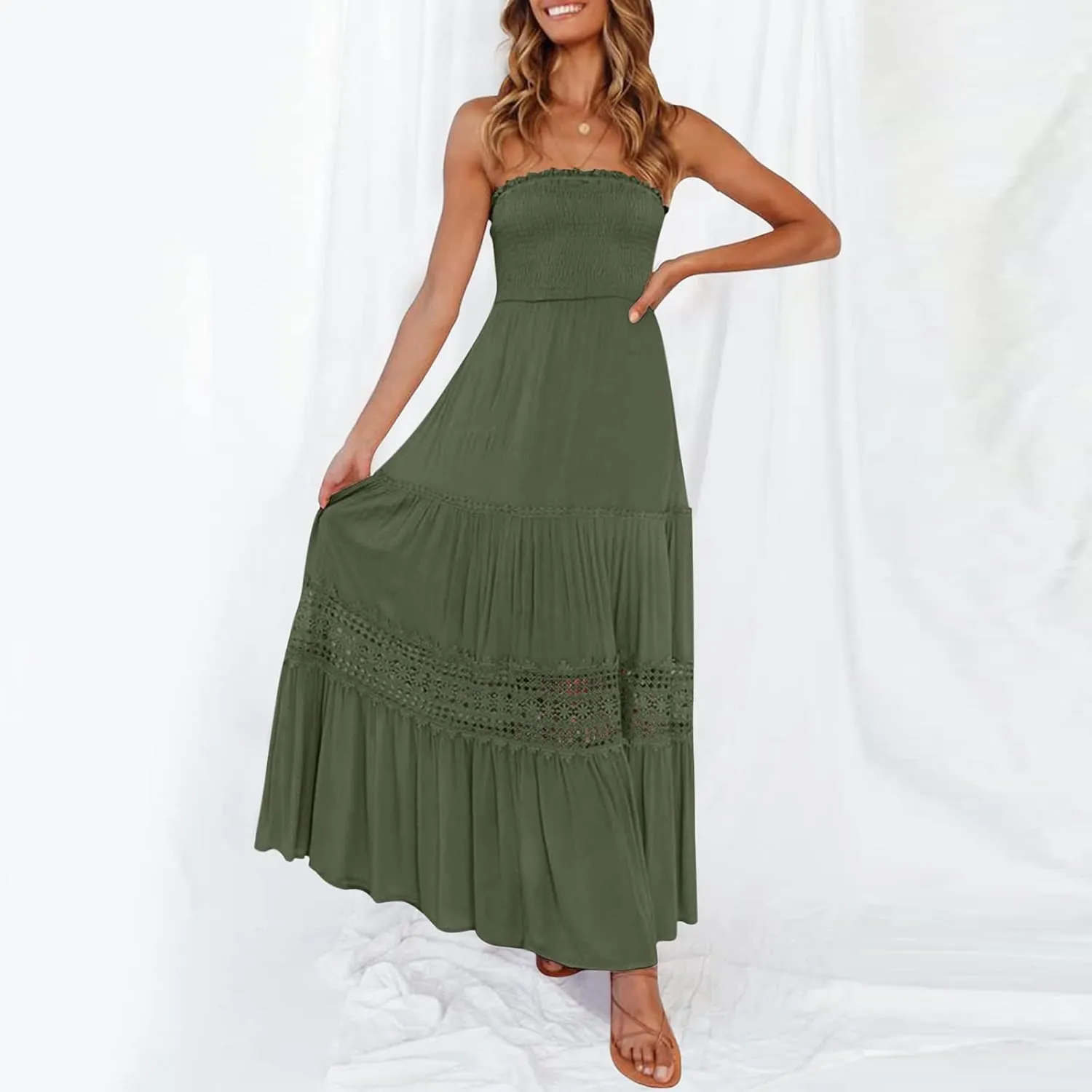 Women's Summer Solid Lace Trim Maxi Dress Sleeveless Smocked Ruffle Long Flowy Beach Vacation Boho Sundresses