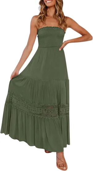 Women's Summer Solid Lace Trim Maxi Dress Sleeveless Smocked Ruffle Long Flowy Beach Vacation Boho Sundresses