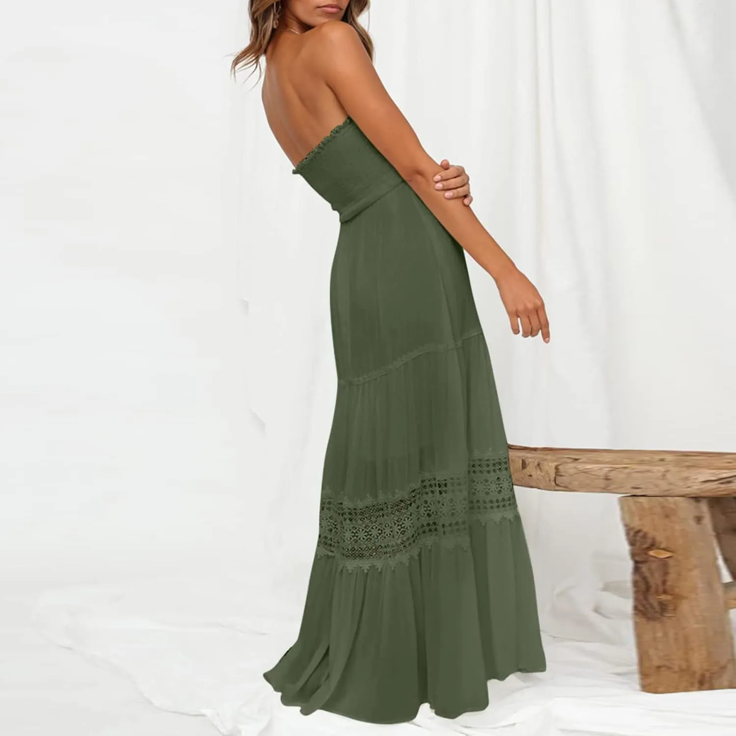 Women's Summer Solid Lace Trim Maxi Dress Sleeveless Smocked Ruffle Long Flowy Beach Vacation Boho Sundresses
