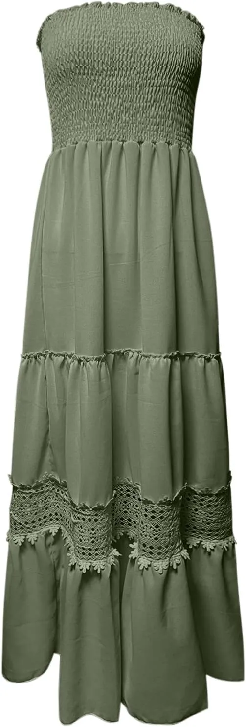Women's Summer Solid Lace Trim Maxi Dress Sleeveless Smocked Ruffle Long Flowy Beach Vacation Boho Sundresses