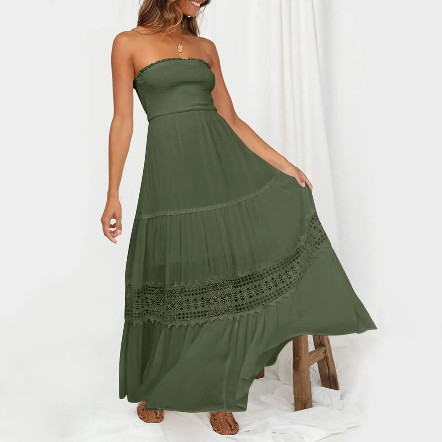 Women's Summer Solid Lace Trim Maxi Dress Sleeveless Smocked Ruffle Long Flowy Beach Vacation Boho Sundresses