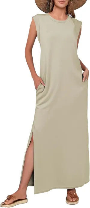 Womens Summer Sundress Sleeveless Loose Split Maxi Long Beach Shirt Dress Dressy Casual Solid Color Business Dresses