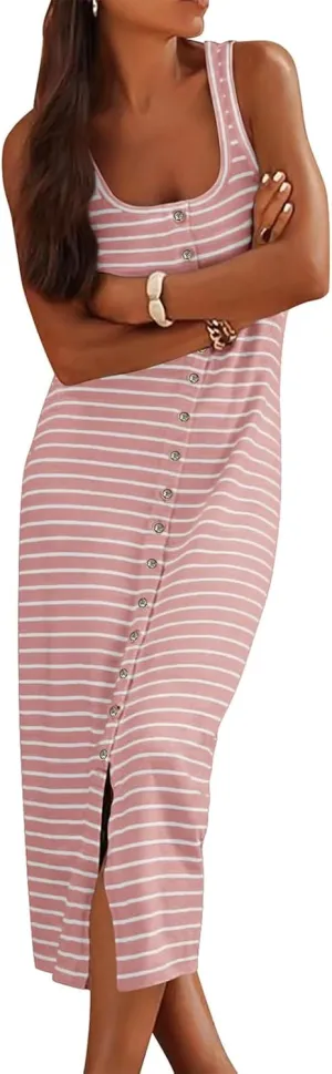 Womens Summer Tank Dress Casual Sleeveless Striped Dresses Square Neck Bodycon Maxi Dress Beach Vacation Sundress