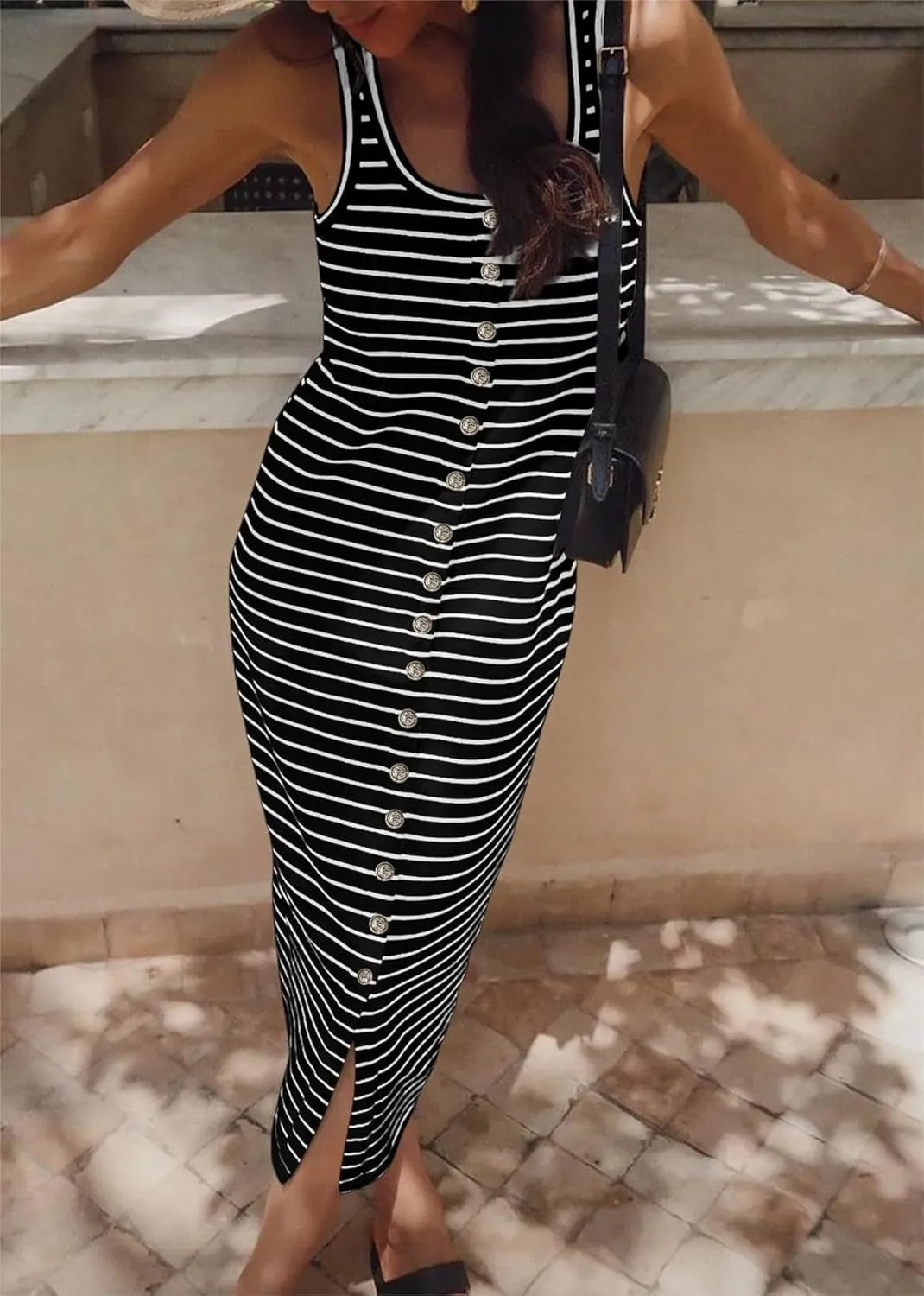 Womens Summer Tank Dress Casual Sleeveless Striped Dresses Square Neck Bodycon Maxi Dress Beach Vacation Sundress