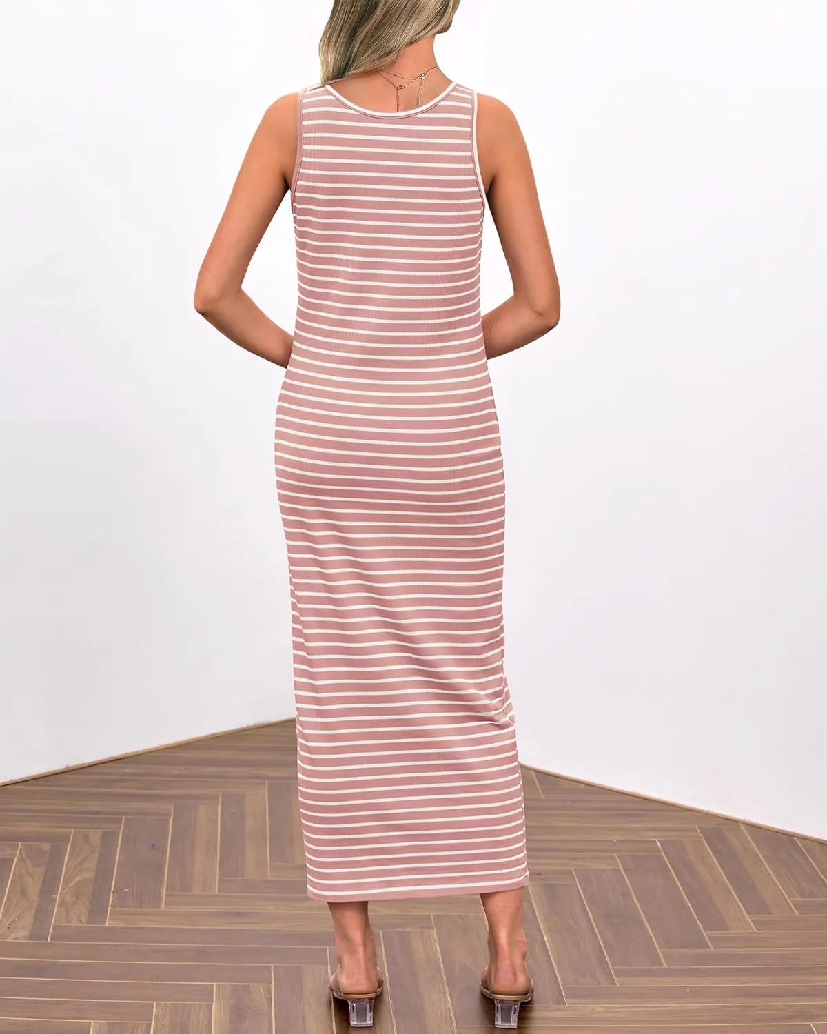 Womens Summer Tank Dress Casual Sleeveless Striped Dresses Square Neck Bodycon Maxi Dress Beach Vacation Sundress