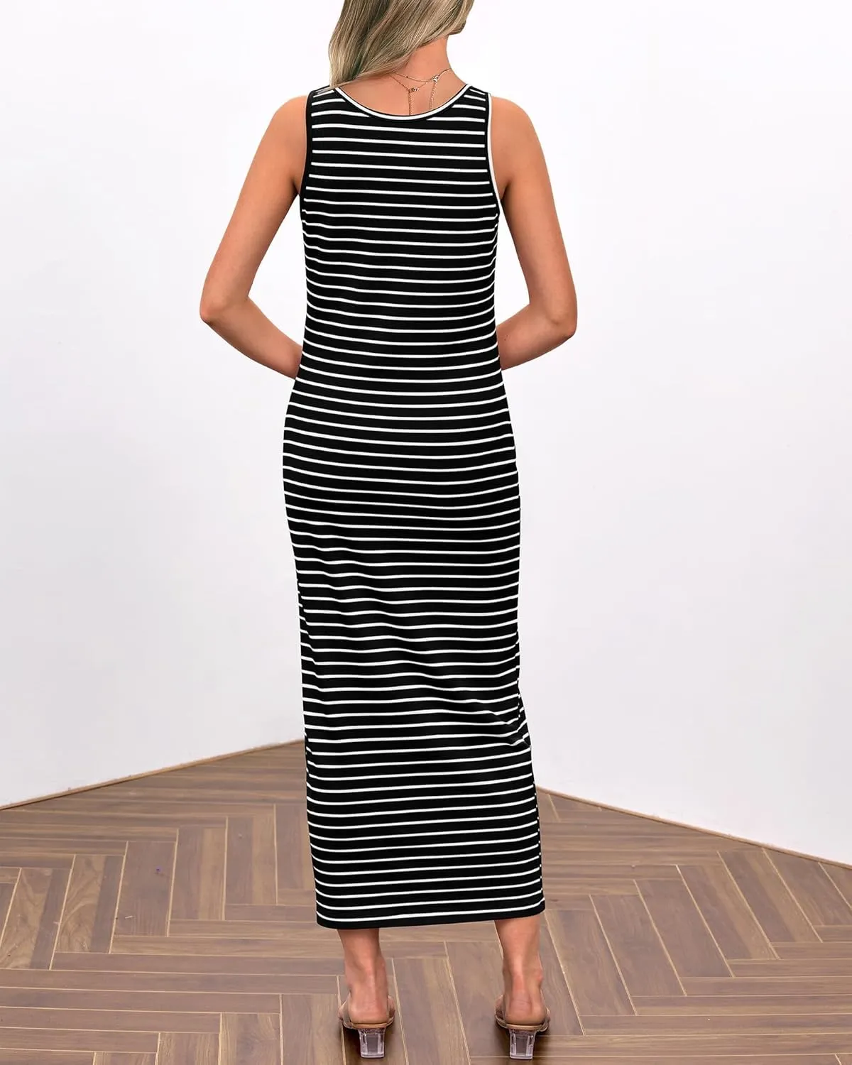 Womens Summer Tank Dress Casual Sleeveless Striped Dresses Square Neck Bodycon Maxi Dress Beach Vacation Sundress