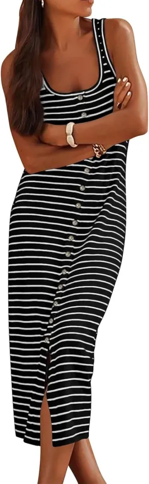 Womens Summer Tank Dress Casual Sleeveless Striped Dresses Square Neck Bodycon Maxi Dress Beach Vacation Sundress