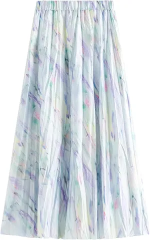 Women's Summer Thin Pleated Skirts Elastic High Waist Long Floral Skirts