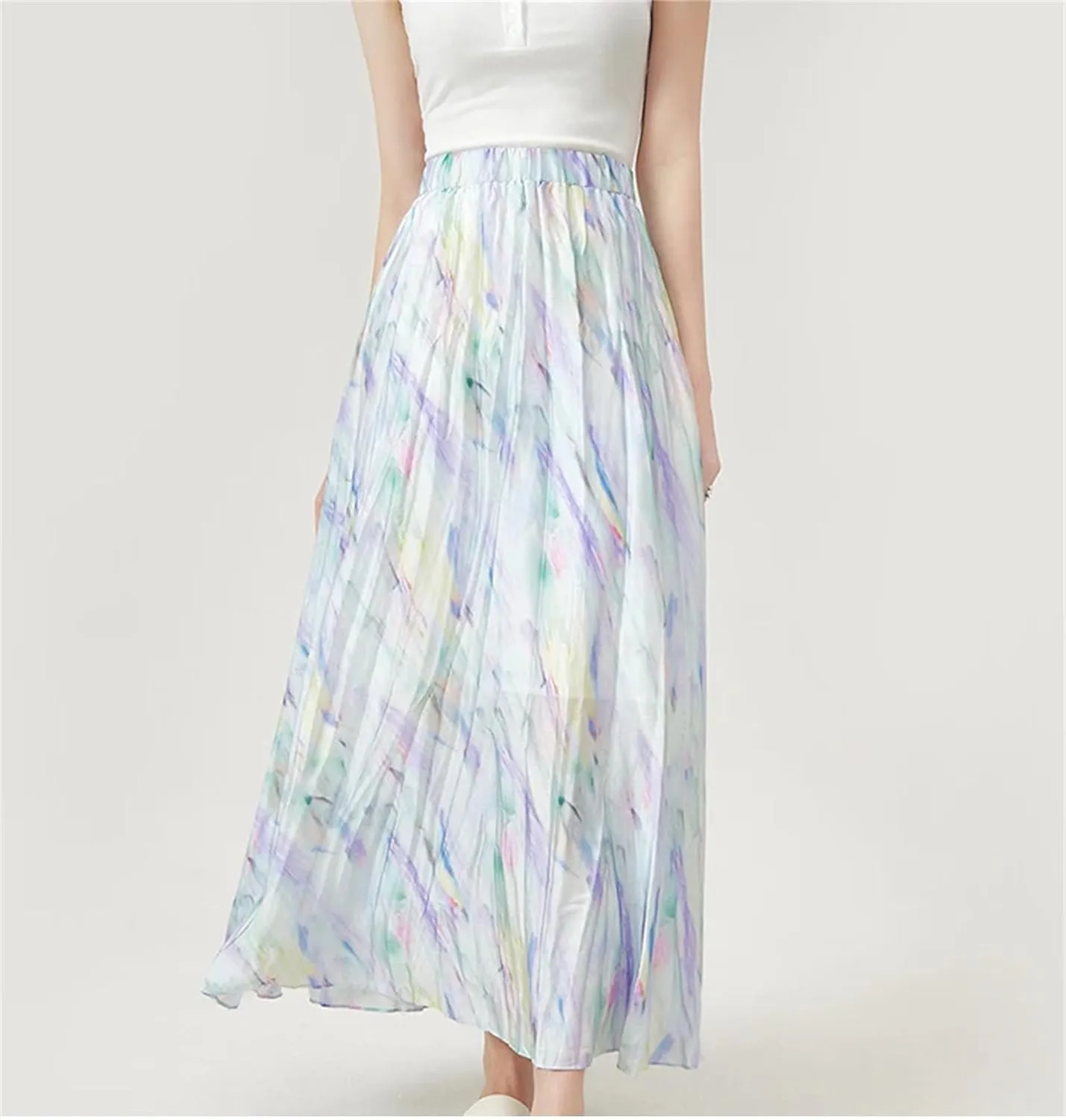 Women's Summer Thin Pleated Skirts Elastic High Waist Long Floral Skirts