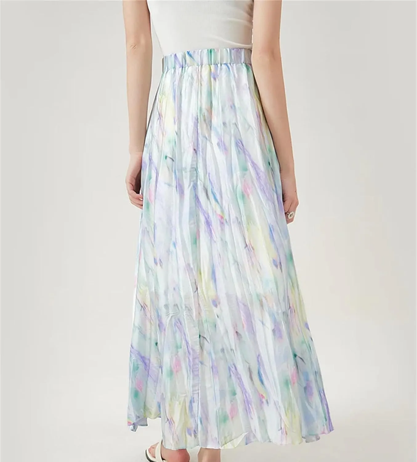 Women's Summer Thin Pleated Skirts Elastic High Waist Long Floral Skirts