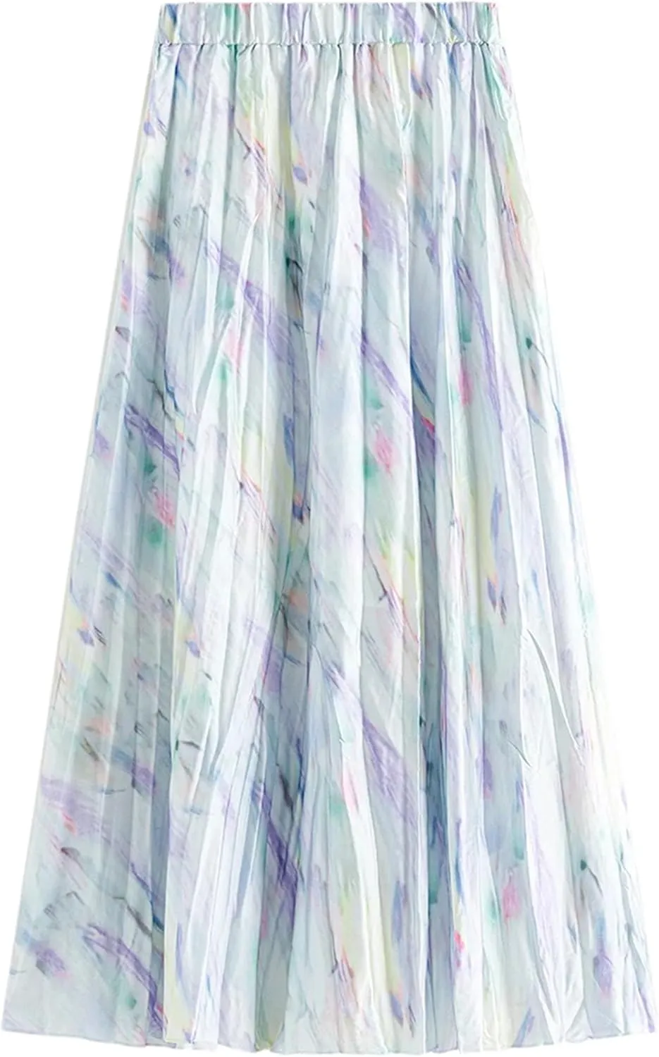 Women's Summer Thin Pleated Skirts Elastic High Waist Long Floral Skirts