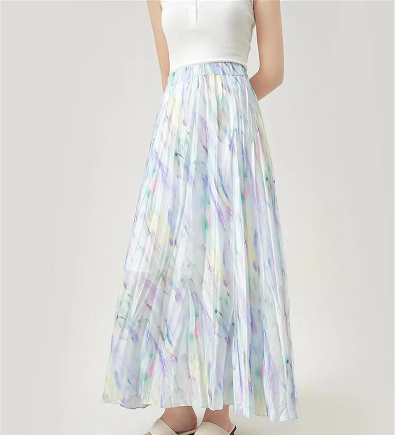 Women's Summer Thin Pleated Skirts Elastic High Waist Long Floral Skirts