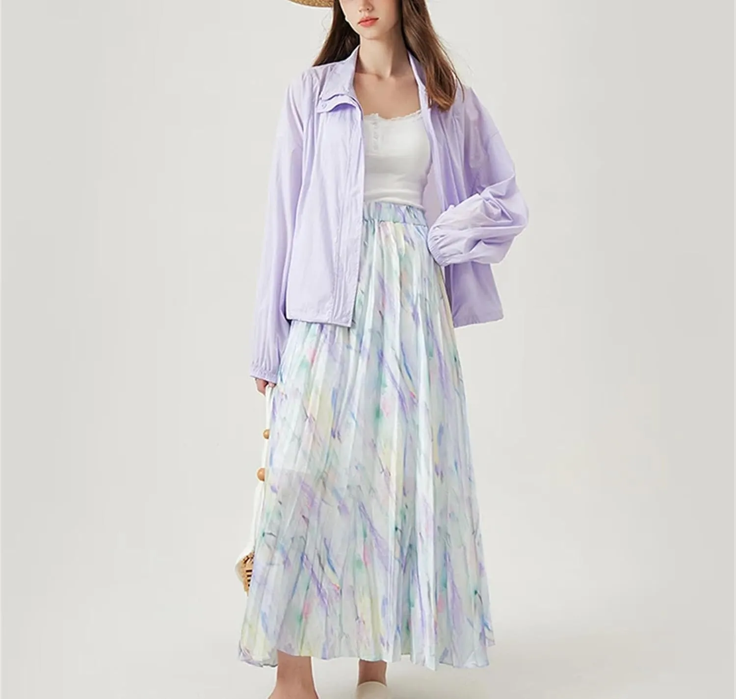 Women's Summer Thin Pleated Skirts Elastic High Waist Long Floral Skirts