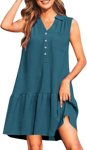 Womens Summer V-Neck Button Up Sleeveless Mini Sundress 2025 Casual Mini Sundress Tank Dresses