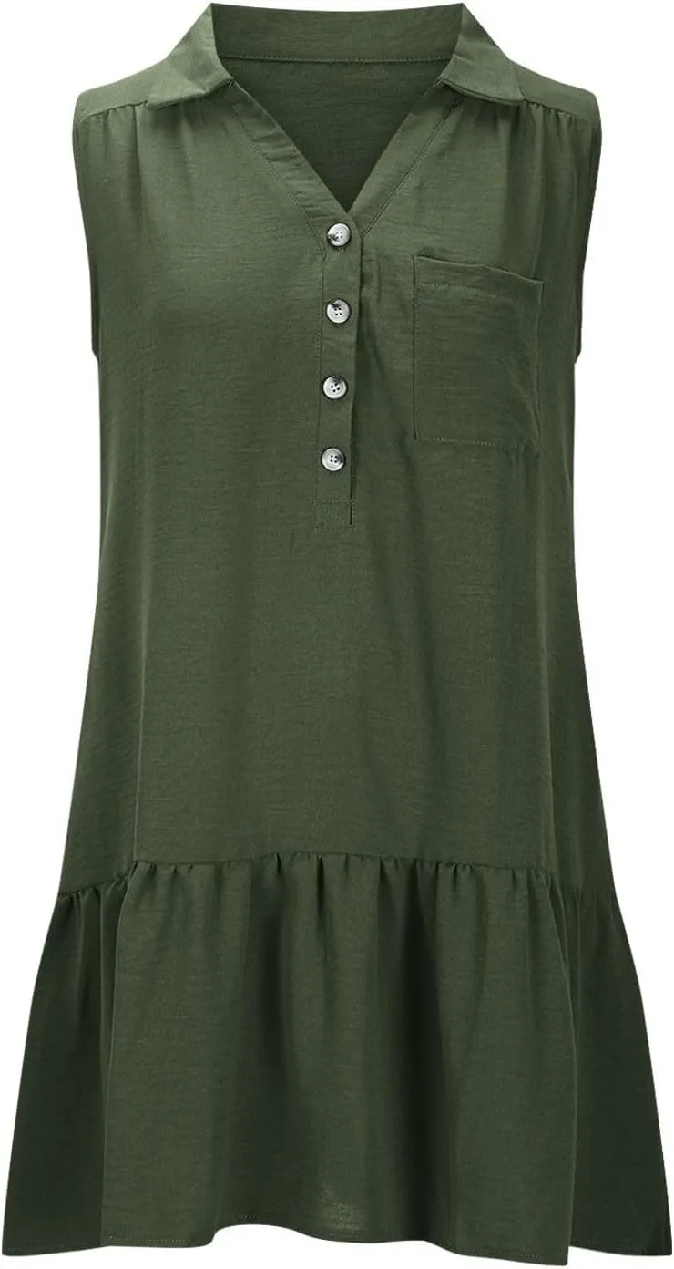 Womens Summer V-Neck Button Up Sleeveless Mini Sundress 2025 Casual Mini Sundress Tank Dresses