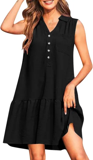 Womens Summer V-Neck Button Up Sleeveless Mini Sundress 2025 Casual Mini Sundress Tank Dresses