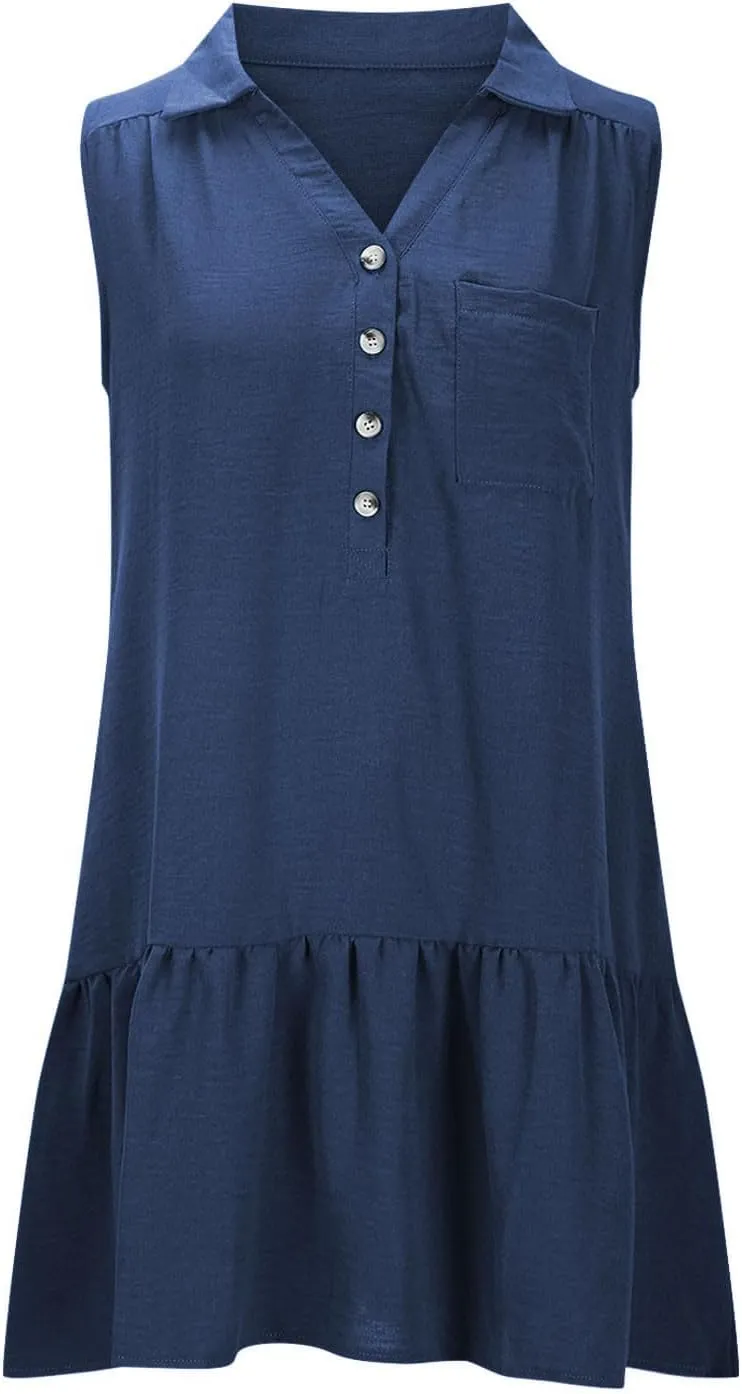 Womens Summer V-Neck Button Up Sleeveless Mini Sundress 2025 Casual Mini Sundress Tank Dresses