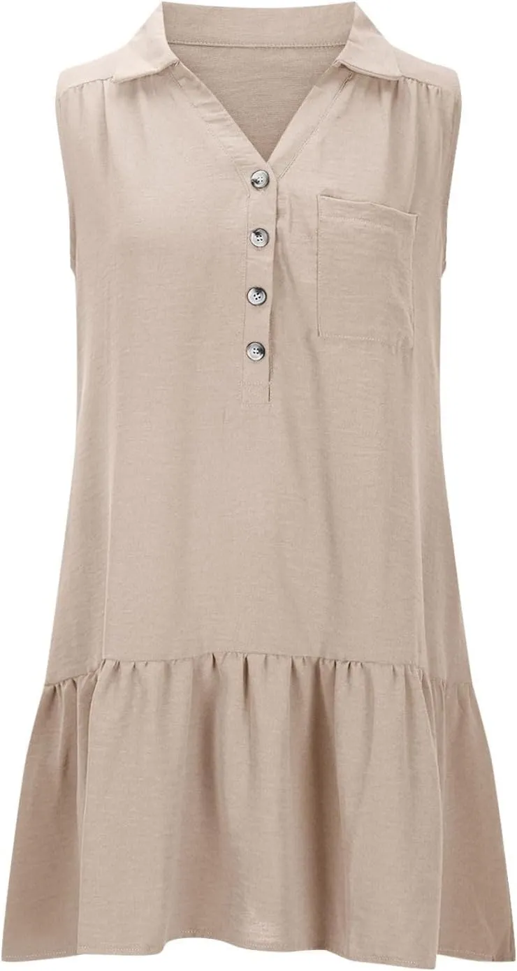 Womens Summer V-Neck Button Up Sleeveless Mini Sundress 2025 Casual Mini Sundress Tank Dresses