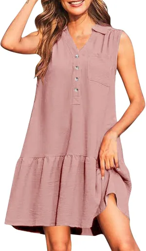 Womens Summer V-Neck Button Up Sleeveless Mini Sundress 2025 Casual Mini Sundress Tank Dresses