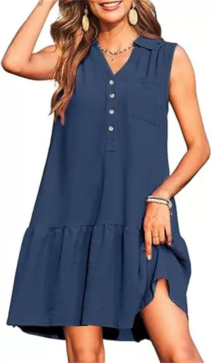 Womens Summer V-Neck Button Up Sleeveless Mini Sundress 2025 Casual Mini Sundress Tank Dresses