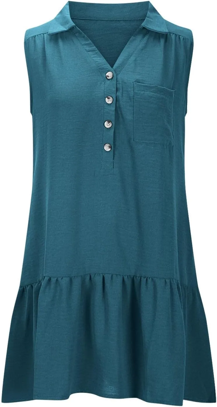 Womens Summer V-Neck Button Up Sleeveless Mini Sundress 2025 Casual Mini Sundress Tank Dresses