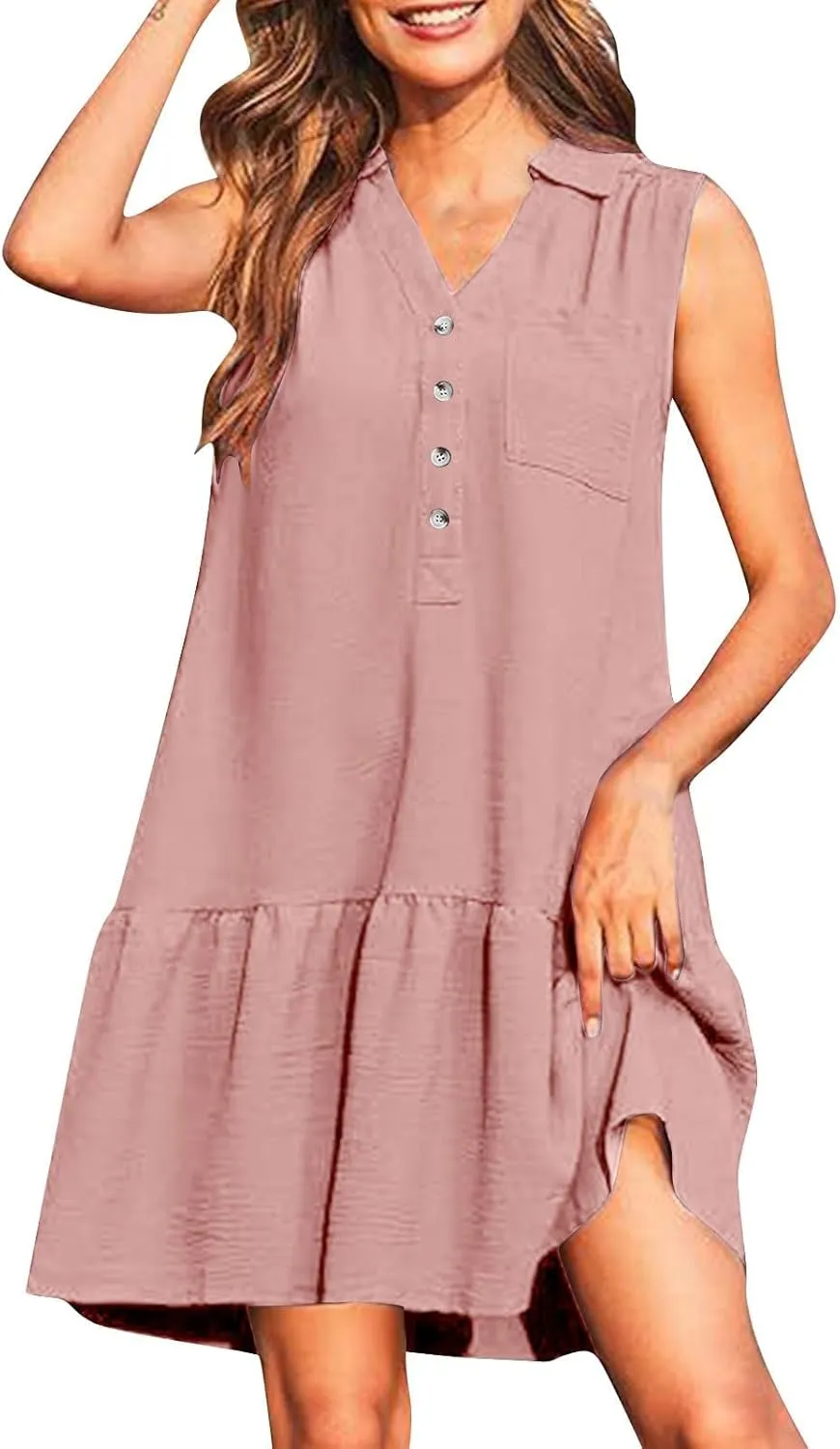 Womens Summer V-Neck Button Up Sleeveless Mini Sundress 2025 Casual Mini Sundress Tank Dresses