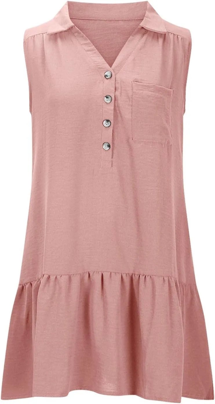 Womens Summer V-Neck Button Up Sleeveless Mini Sundress 2025 Casual Mini Sundress Tank Dresses