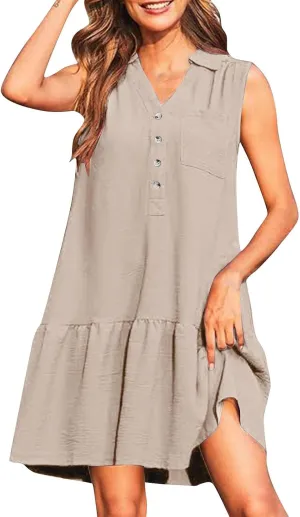 Womens Summer V-Neck Button Up Sleeveless Mini Sundress 2025 Casual Mini Sundress Tank Dresses