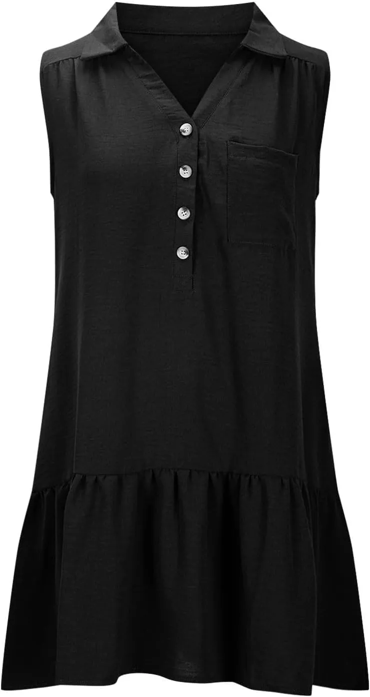 Womens Summer V-Neck Button Up Sleeveless Mini Sundress 2025 Casual Mini Sundress Tank Dresses
