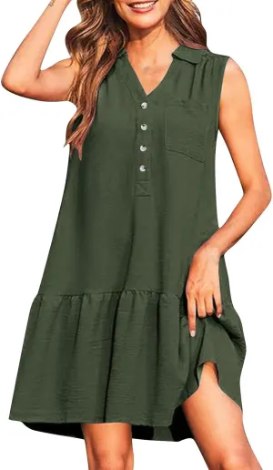 Womens Summer V-Neck Button Up Sleeveless Mini Sundress 2025 Casual Mini Sundress Tank Dresses