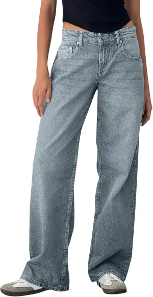 Womens Sweatpant Jeans Straight Leg Boyfriend Denim Wide Leg Loose Y2K Pants
