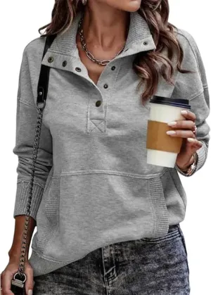 Womens Sweatshirt Casual Long Sleeve Henley Button V Neck Lightweight Sweatshirts Loose Pullover Tops with Pocket