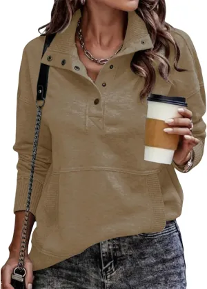 Women's Sweatshirt Casual Long Sleeve Lightweight Sweatshirts Snap Button Up Lapel Loose Pullover Tops for Women