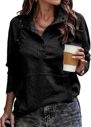 Women's Sweatshirt Casual Long Sleeve Lightweight Sweatshirts Snap Button Up Lapel Loose Pullover Tops for Women