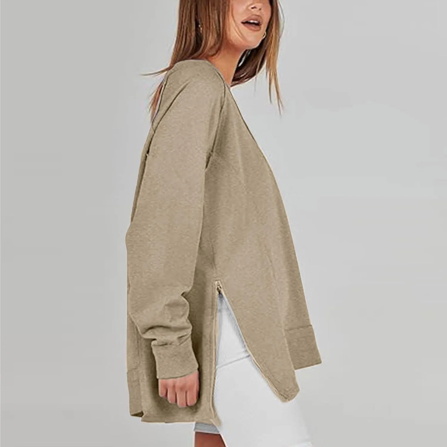 Women's Sweatshirt Side Slit Zipper Pullover V Neck Fleece Sweater for Women Oversized Sweatshirt Trendy Fall Tops