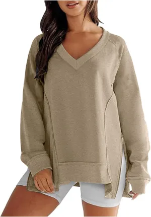 Women's Sweatshirt Side Slit Zipper Pullover V Neck Fleece Sweater for Women Oversized Sweatshirt Trendy Fall Tops