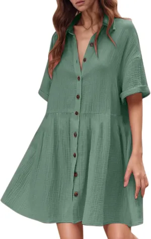 Womens T Shirt Dress Summer Boho Button Up Long Sleeve Vacation Dress with Sleeves Summer Church 80S Outfit for Women