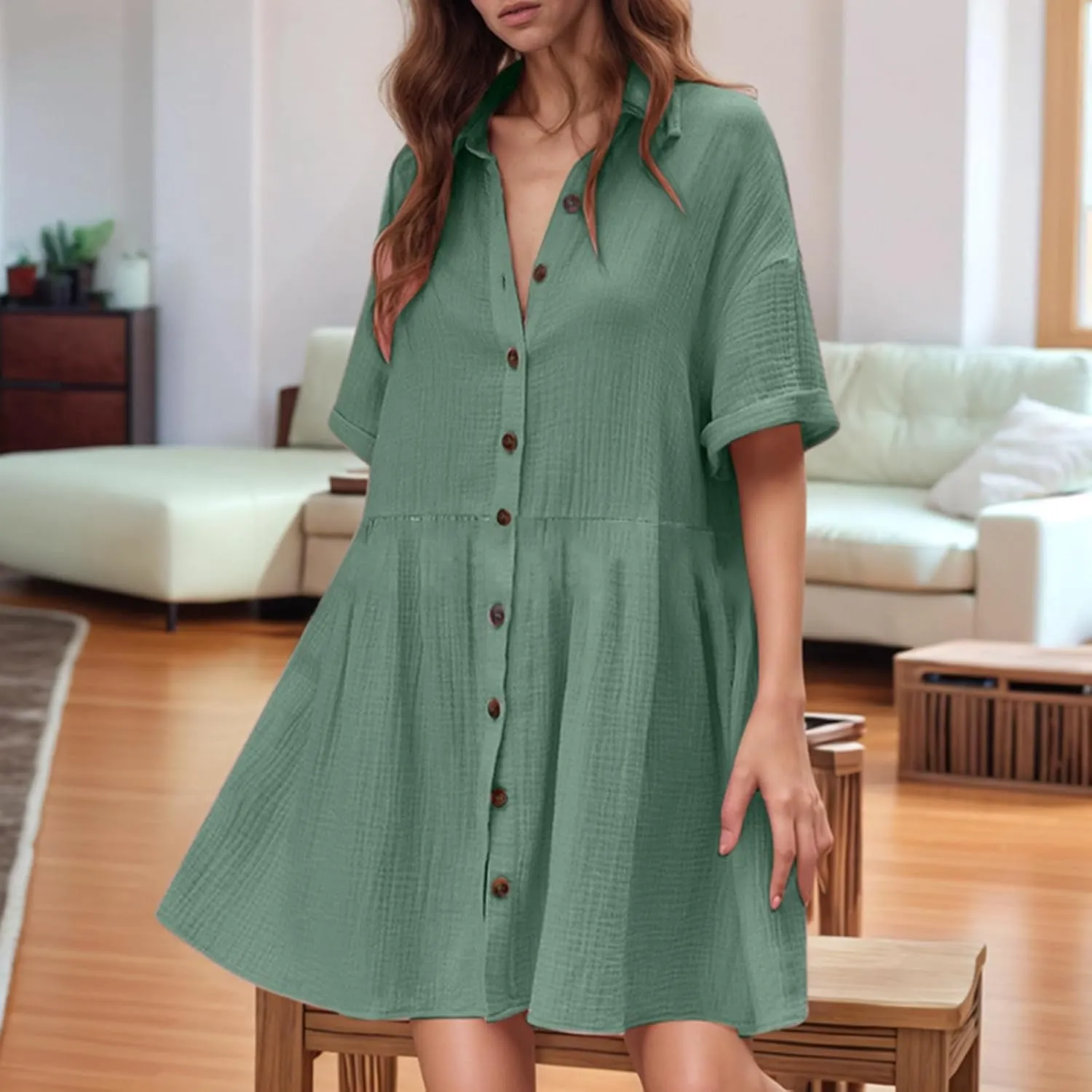 Womens T Shirt Dress Summer Boho Button Up Long Sleeve Vacation Dress with Sleeves Summer Church 80S Outfit for Women