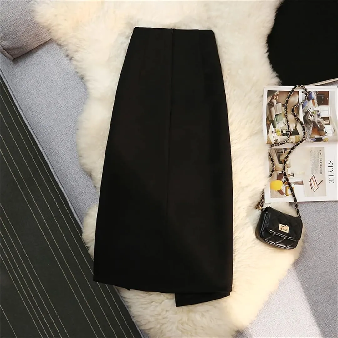 Womens Thicken Irregular Skirts Front Split Design Solid Color High Waist Office Skirts