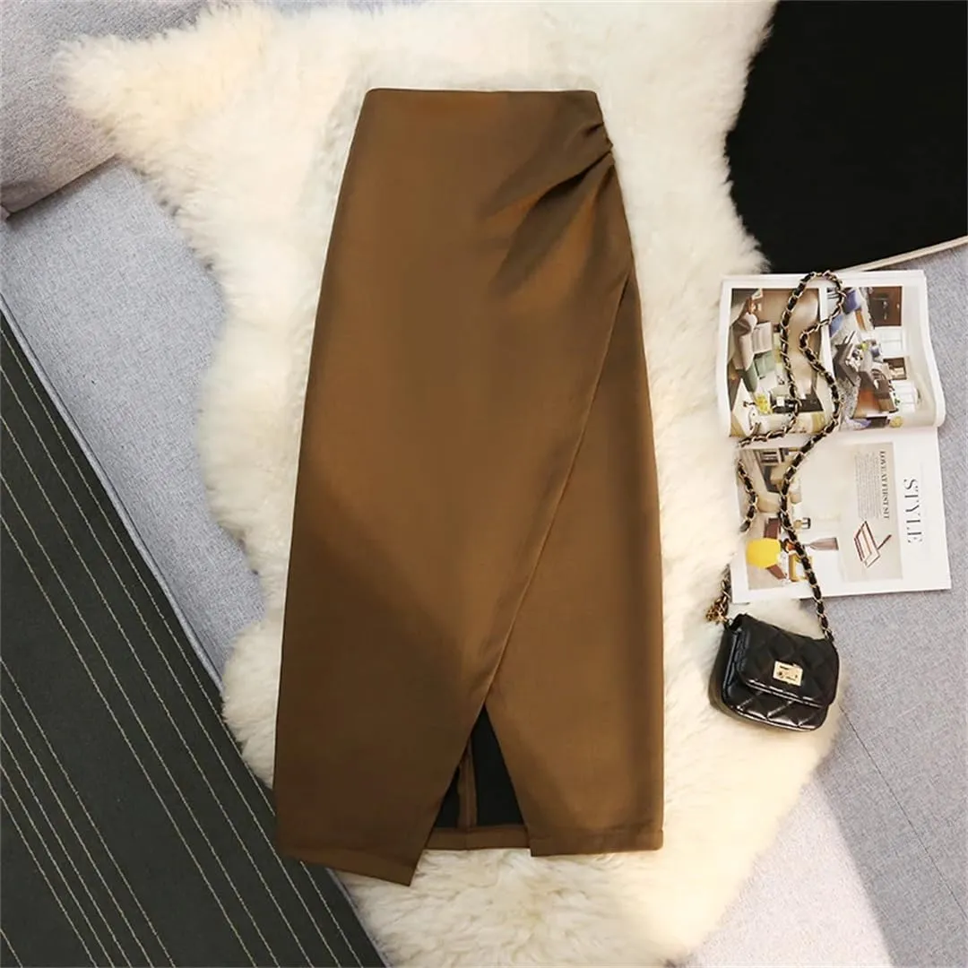 Womens Thicken Irregular Skirts Front Split Design Solid Color High Waist Office Skirts